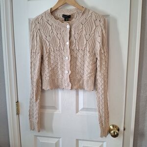 House of Harlow 1960 Cardigan Sweater Sz M Cropped Cream Pointelle Crochet Knit